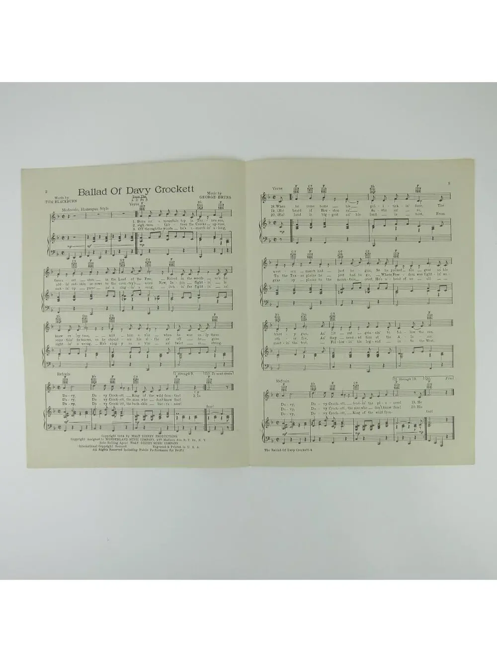Sheet Music The Ballad of Davy Crockett Tom Blackburn George Bruns Vintage 1954